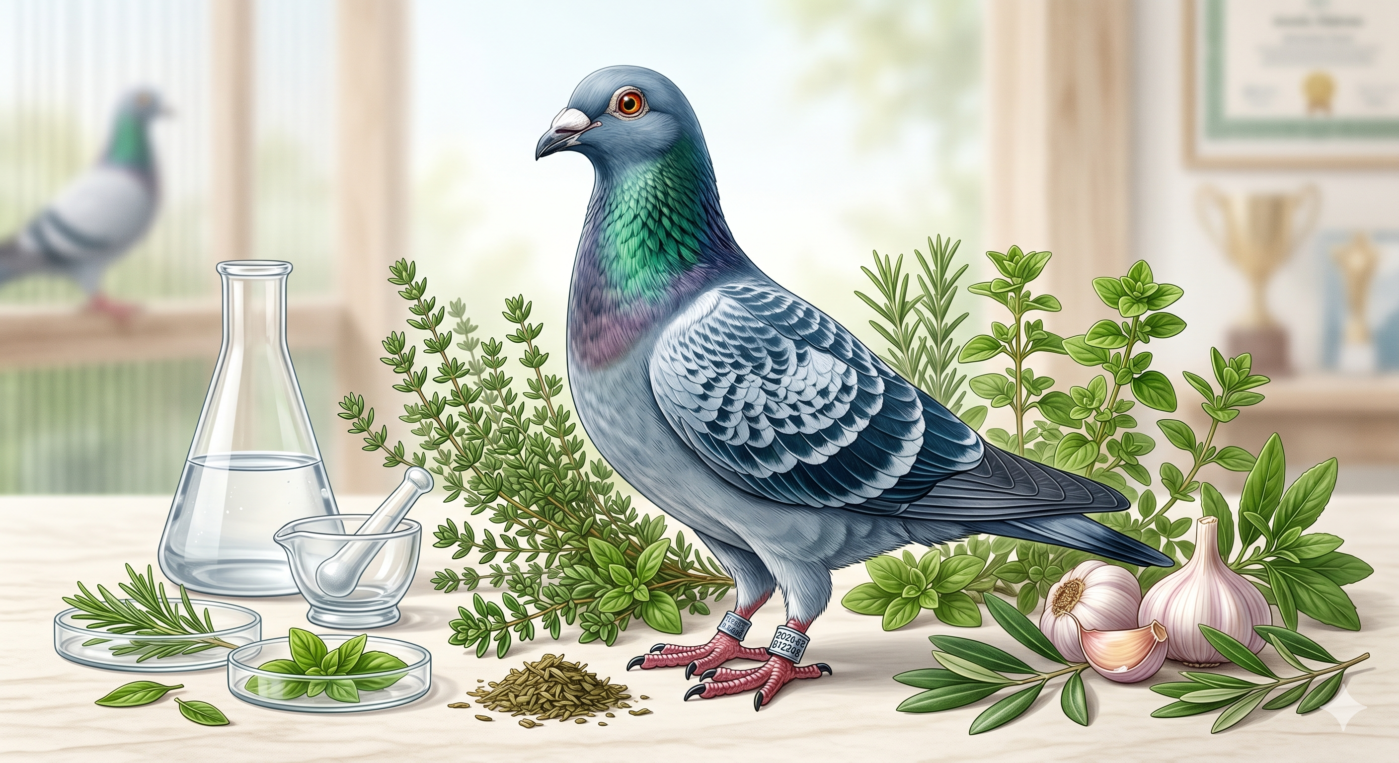 Pigeon voyageur entouré de plantes médicinales — approche naturelle et scientifique